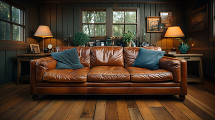 Leather couch in rustic livingroom
