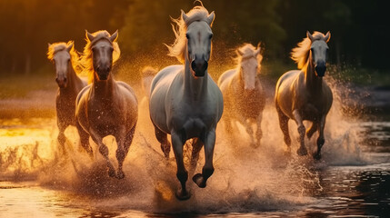 Obraz premium horse on the beach, galloping horses jumping over river, generative ai