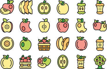 Apple icons set outline vector. Fruit slice. Leaf half thin line color flat on white