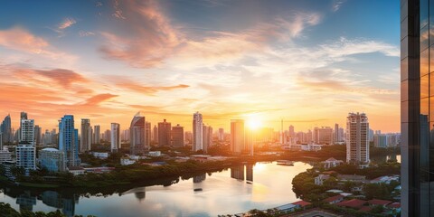 Majestic towering cityscape. This skyline with towering buildings stand tall business and financial beauty of landscape