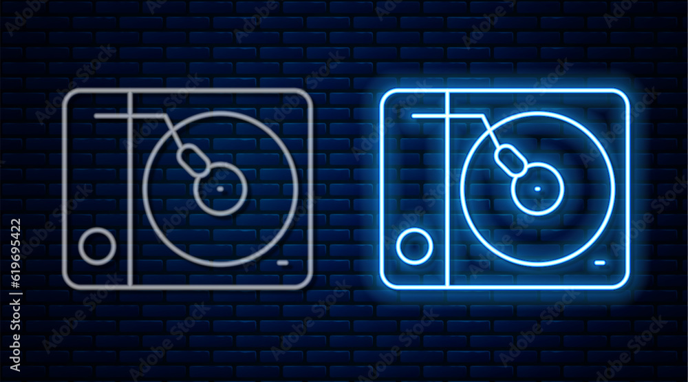 Sticker Glowing neon line Vinyl player with a vinyl disk icon isolated on brick wall background. Vector