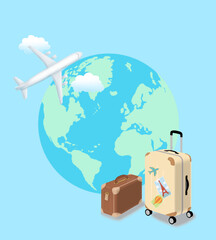 Travel illustration with airplane, earth and carrier