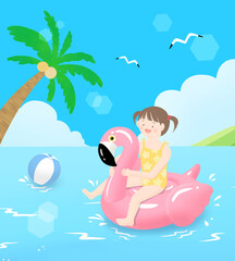 Obraz na płótnie Canvas Illustration of a summer sea landscape with a girl riding a tube
