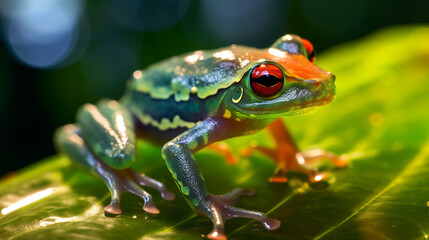 Obraz premium frog in the pond, frog resting on a transparent leaf, generative ai