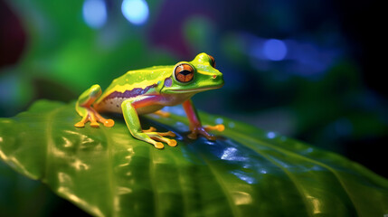 Fototapeta premium frog in the pond, frog resting on a transparent leaf, generative ai