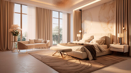Luxurious large bedroom with marble slabs and a bed in the center. Generative AI
