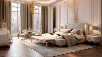 Luxurious large bedroom with marble slabs and a bed in the center. Generative AI