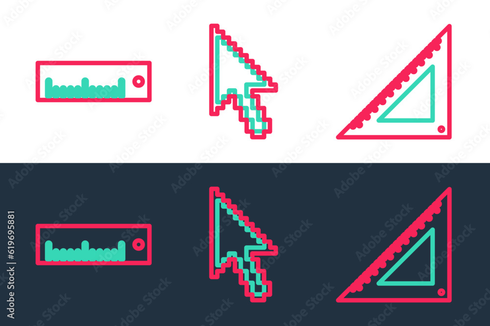 Poster set line triangular ruler, ruler and pixel arrow cursor icon. vector