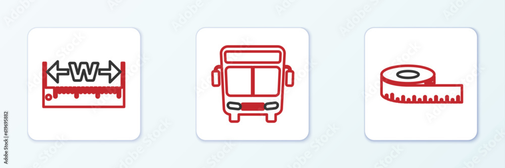 Poster set line tape measure, measuring height and length and bus icon. vector