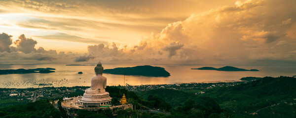 Beautiful Phuket white Big Buddha statue. Aerial view of Big Buddha viewpoint at sunrise in Phuket...