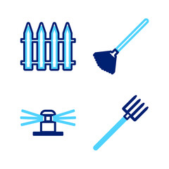 Set line Garden pitchfork, Automatic irrigation sprinklers, rake leaves and fence icon. Vector