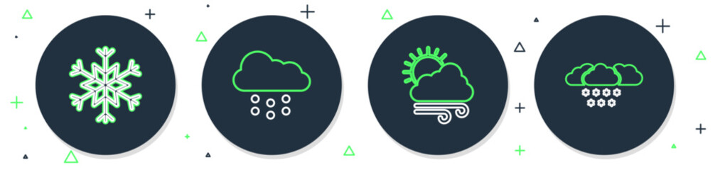 Set line Cloud with snow, Windy weather, Snowflake and icon. Vector