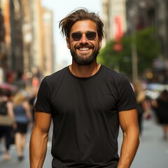 Illustration of a fashion portrait with plain t-shirt mockup ,  AI Generated