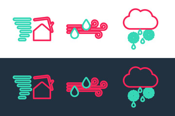 Set line Cloud with snow and rain, Tornado swirl and Wind icon. Vector