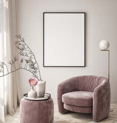 Mockup poster frame on the wall of living room. Luxurious apartment background with contemporary design. Modern interior design. 3D render, 3D illustration