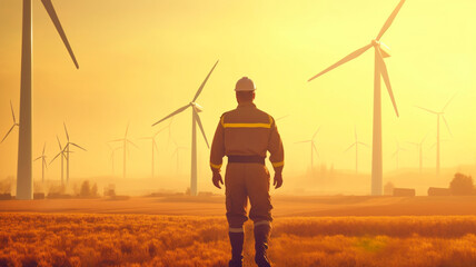 Male worker of windmill engineer, wind turbine field or farm, clean energy source. Generative AI
