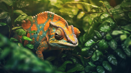 close up of a chameleon head, chameleon hiding in leaves, generative ai