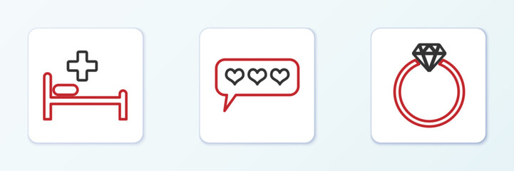 Set line Diamond engagement ring, Hospital bed and Like and heart icon. Vector