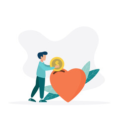 Guy puts a coin in his heart. The concept of charity, donation, financial aid, money donation. Vector illustration.