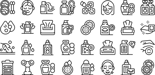 Make-up removal icons set outline vector. Face beauty. Sponge skincare