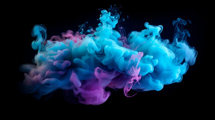 Neon blue and periwinkle multicolored smoke puff cloud design elements on a dark background. Generative AI