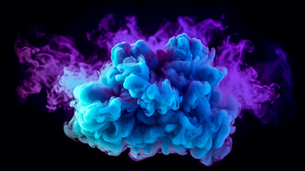 Neon blue and periwinkle multicolored smoke puff cloud design elements on a dark background. Generative AI