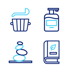 Set line Medical book, Stack hot stones, Bottle of liquid soap and Sauna bucket and ladle icon. Vector