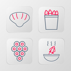 Set line Soup with octopus, Caviar, Fishing bucket fishes and Scallop sea shell icon. Vector