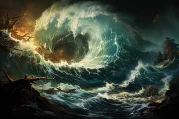 Awe-inspiring power of massive tsunami waves crashing in the ocean - obrazy, fototapety, plakaty