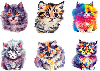Bundle of cute fluffy cats in bright watercolors.
