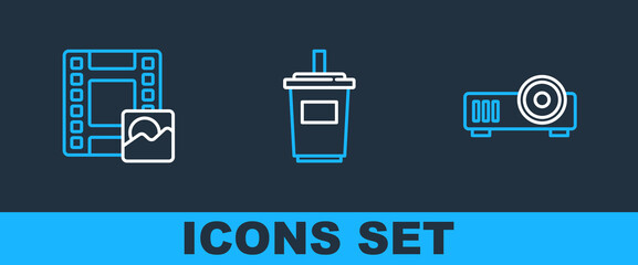 Set line Media projector, Play Video and Paper glass with water icon. Vector