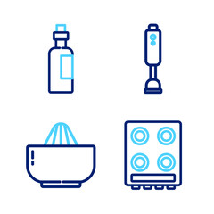 Set line Gas stove, Citrus fruit juicer, Blender and Bottle of olive oil icon. Vector