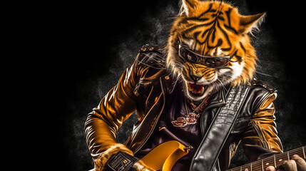 Fototapeta na wymiar musician tiger playing with guitar, generative ai