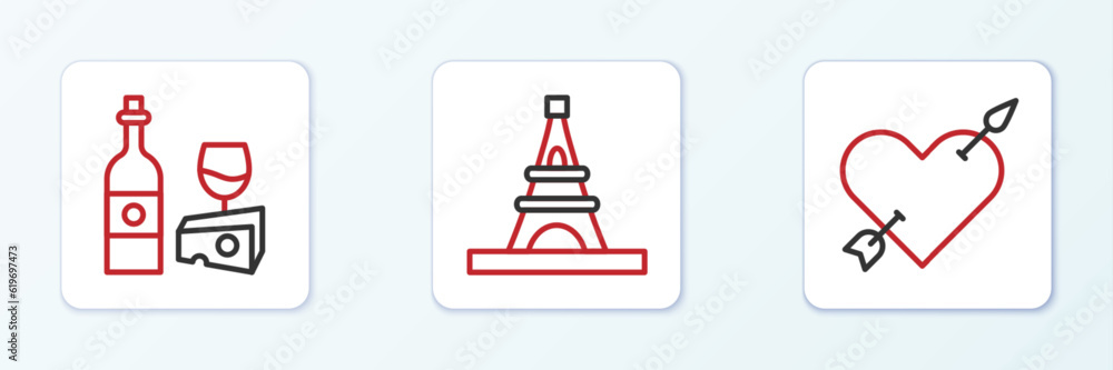 Poster set line amour with heart and arrow, wine bottle cheese and eiffel tower icon. vector