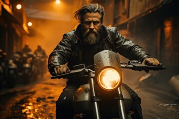 Fototapeta na wymiar Motorcycle riding Harley Davidson in cool style, in the movie.