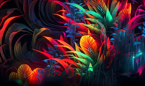 abstract neon jungle, glowing plants. Generative Ai