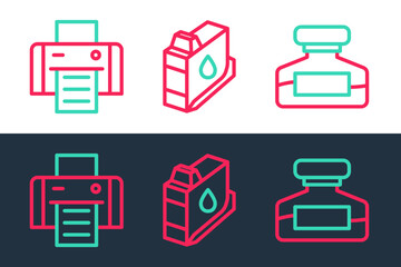 Set line Ink bottle, Printer and ink cartridge icon. Vector