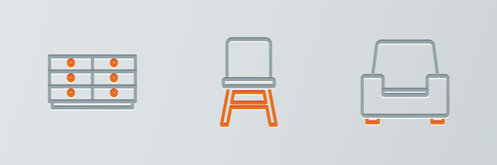 Set line Armchair, Chest of drawers and Chair icon. Vector