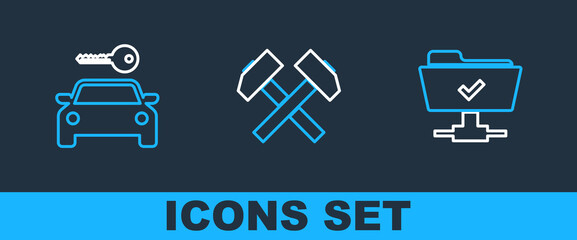Set line FTP operation successful, Car rental and Two crossed hammers icon. Vector