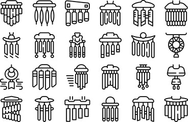 Wind chime icons set outline vector. Wood home. Metal wave