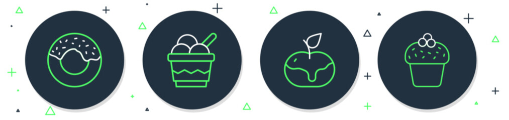Set line Ice cream in bowl, Apple caramel, Donut and Cake icon. Vector