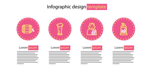 Set line Happy man with beer, Bottle opener, Glass of and Wooden barrel on rack icon. Vector