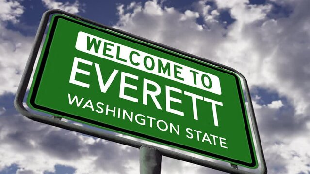 Welcome to Everett, Washington State. USA City Road Sign Close Up, Realistic Animation