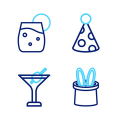 Set line Magician hat and rabbit ears, Martini glass, Party and Cocktail icon. Vector