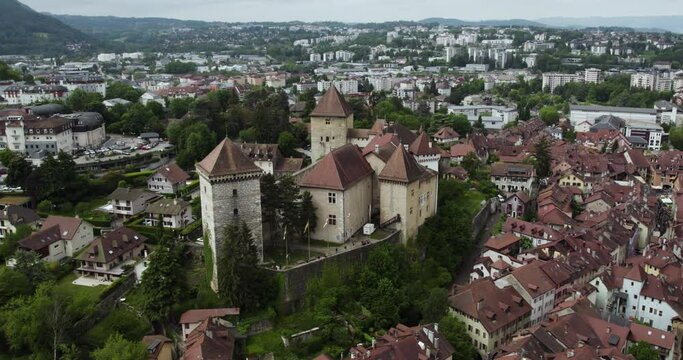 Aerial View Of Chateau d Annecy, Notable Restored Castle In Annecy, France.- orbit