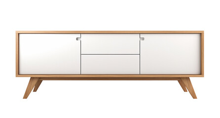 White and wooden sideboard or cabinet isolated on transparent background. Png element of furniture for interior design.