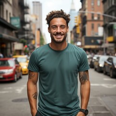 Fototapeta premium Illustration of a fashion portrait with plain t-shirt mockup&nbsp;, AI Generated
