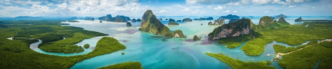 Fototapeta premium Panorama landscape of Samet Nangshe (Samed Nang Chee) viewpoint at Phang-nga Bay scenic, with mangrove forest and mountains in andaman sea, near Phuket, Thailand.