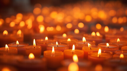 burning candles in church, many burning candles in shallow depth of field, generative ai