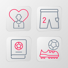 Set line Football shoes, learning book, Shorts for playing football and soccer player icon. Vector